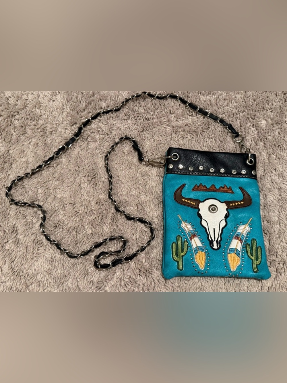 Turquoise Crossbody Bag with Western Skull & Cactus Design